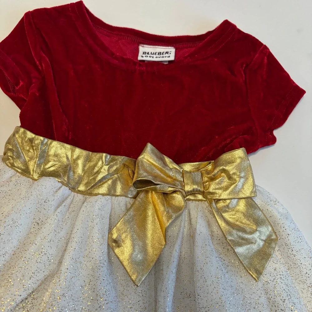 Blueberi Boulevard Girls 5 Christmas Holiday‎ Dress Red Velour Gold Shimmer Bow